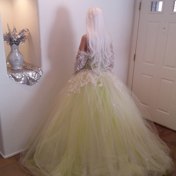 "FAUNA" Ivory & Green Lace Wedding Ballgown Set - Picture 4 of 12